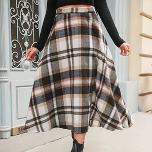 Plaid Print High Waist Skirt, Elegant Ruffle Hem Midi Skirt For Fall & Winter